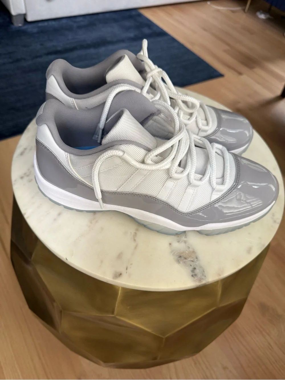 Jordan Men’s Low Top Athletic Shoes in White and Gray Patent